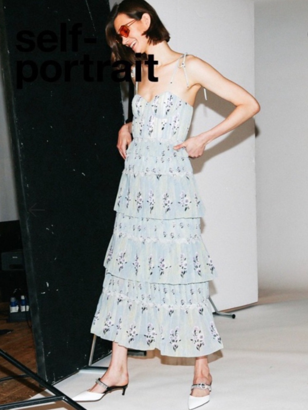 Self Portrait Tiered Midi Dress Floral Lace Printed Chiffon Mint Pastel 8 $495 - Picture 4 of 13